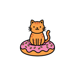 Cute Cartoon Ginger Cat Sitting on Pink Donut