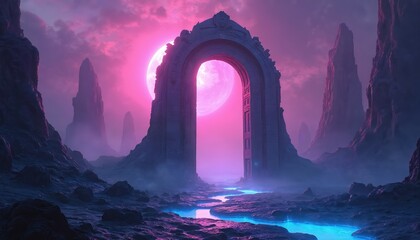 Alien planet landscape with glowing river, ancient stone archway under large pink moon. Rocky spires rise from mist shrouded terrain. Eerie twilight atmosphere suggests adventure alien world