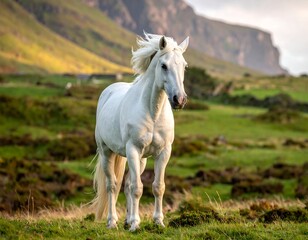 Obraz premium A majestic white steed stands in a lush green pasture