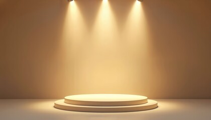 Round podium stage with three bright spotlights shining down creating warm atmosphere. Empty platform for product award ceremony or presentation is ready for display.