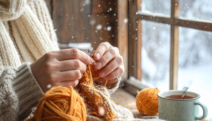 Close up of hands knitting a warm sweater with yarn and needles near a window with fa 898005.jpg