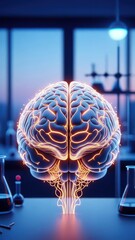 Glowing brain hologram on a lab table with glass beakers; bright, focused
