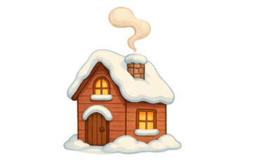 Obraz premium Cozy winter cottage illustration with snow on roof and warm glowing windows, smoke rising from chimney, transparent background