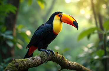 Fototapeta premium Collared Aracari toucan rests on mossy branch in verdant Costa Rican rainforest. This beautiful bird with bright beak and yellow chest has black plumage and red undertail coverts.