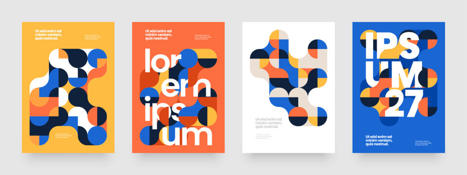 Template with mosaic geometric shapes. Abstract bauhaus geometric pattern backgrounds with metaball fusion. Layout for flyer, poster or cover. 