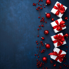 Christmas-themed flat-lay featuring white gift boxes with red satin ribbons on a navy blue background, accented by festive red ornaments.