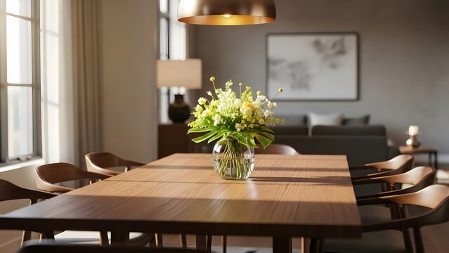 Modern Dining Room Interior with Wooden Table and Floral Centerpiece