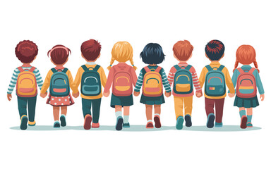 A diverse group of young elementary school children walking hand in hand with their colorful backpacks