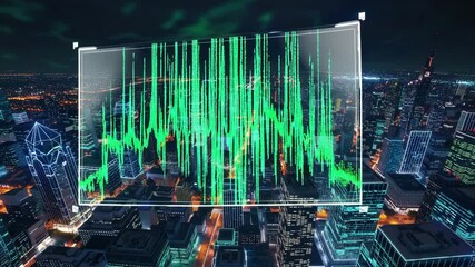 Futuristic code cityscape with digital data graph overlay, glowing green lines illuminate night urban skyline, technology concept and modern skyline - Powered by Adobe