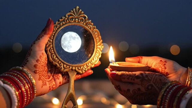 Indian woman's hands holding a mirror reflecting the full moon and a lit diya during Karva Chauth celebration