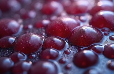 Obraz premium Closeup of ripe red grapes creates rich wine must. Bubbles form during fermentation in traditional old world winemaking process. Autumn harvest juice.