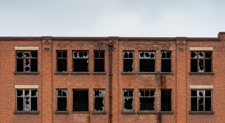 Obraz premium Decaying brick structure with shattered windows representing urban decay and neglect