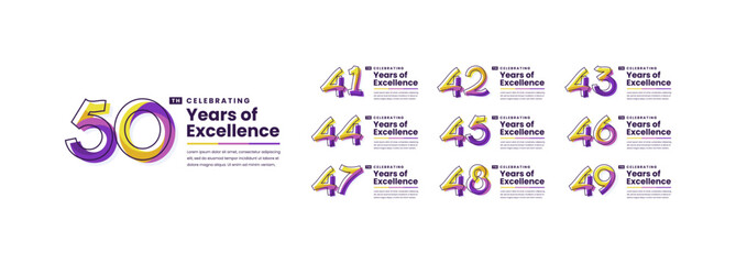 Colorful Years of Excellence Anniversary Logotype Set. 41, 42, 43, 44, 45, 46, 47, 48, 49, 50