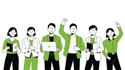 A happy diverse team of six smiling individuals standing together on a bright white background