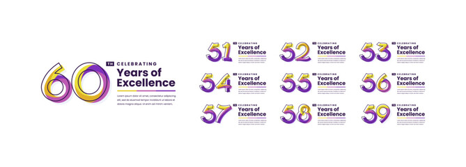 Colorful Years of Excellence Anniversary Logotype Set. 51, 52, 53, 54, 55, 56, 57, 58, 59, 60