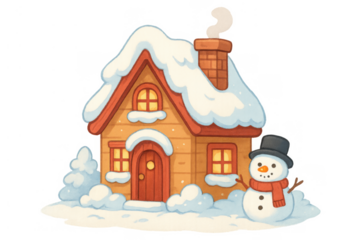 Cozy winter house with snow on roof and snowman, celebrating christmas holidays, transparent background