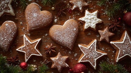 Decorative Gingerbread Cookies in Festive Shapes and Holiday Colors