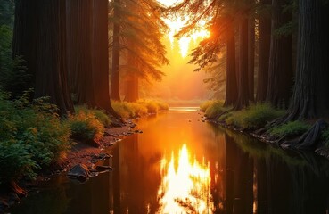 River flows through redwood forest at sunset. Golden sun shines through tall ancient trees, reflecting bright orange light on calm water surface. Rich green plants grow along riverbank.