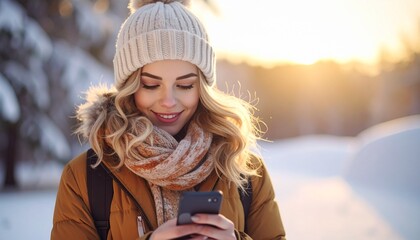 A woman is looking at her phone while wearing a hat and scarf. Concept of warmth and 885088.jpg