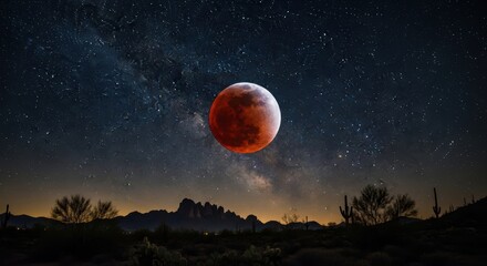 Crimson lunar eclipse illuminated celestial sky above desert silhouette landscapes serene mystic