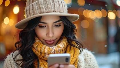 A woman is looking at her phone while wearing a hat and scarf. Concept of warmth and 316762.jpg