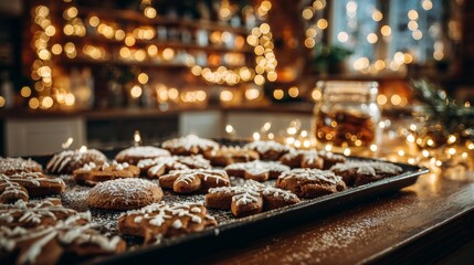 Freshly Baked Holiday Cookies with Decorative Snowflakes and Lights