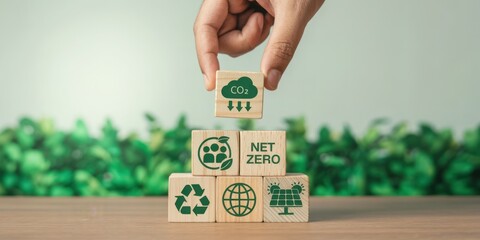 Hand placing wooden block with co2 cloud icon on stack representing net zero goals and sustainability