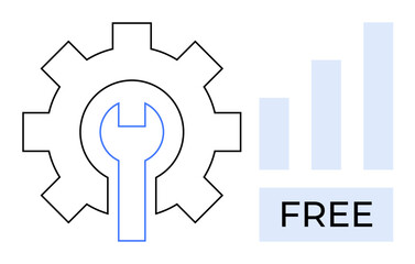 Free tools. Free tools concept combining a gear, wrench, and bar graph analytics. Free tools support technology, software solutions, data analysis, user interface, and marketing