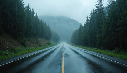 Fototapeta premium Wet asphalt road with yellow line runs through dense pine forest. Heavy rain falls in stormy weather with low visibility. Moody, dramatic landscape, driving danger.