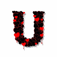 The letter U is formed by black hearts with dripping red accents. Isolated on a white background, the design is modern and graphic.