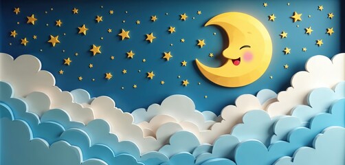 Happy smiling moon floats in starry night sky. Cute yellow crescent shines above fluffy pastel clouds. Celestial scene perfect for kids sleep and dreams.
