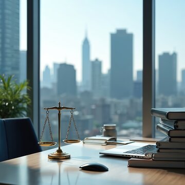 Law office with balance scale and laptop overlooks city skyline. Books stacked on desk signify legal and corporate work. This scene represents justice and business.
