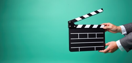 Man in suit holds open film clapperboard preparing for video shoot. Professional cinema slate ready for scene or take. Filmmaking equipment used for movie production, directing action.