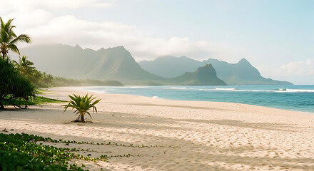 Serene tropical beach with palm trees and mountain range in the background on a sunny day with clear blue waters