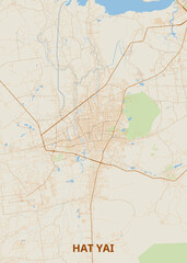 Map of Hat Yai, Thailand. The map features a network of roads and streets in light brown, with water bodies depicted in light blue. Green areas indicate parks or natural reserves within the city.