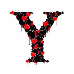 Letter Y is made of black and red hearts with dripping red paint. Isolated on white background. Love and romance concept.