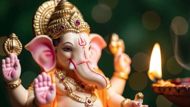 Close-up of a Ganesha statue with lit diya in a dark green background with bokeh lights, symbolizing india wedding and ganesh festival.