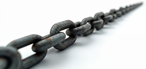 Obraz premium Thick rusty metal chain links extend into distance against white background. Link strong, connected, showing industrial strength, durability, security. Visual implies heavy duty connection.