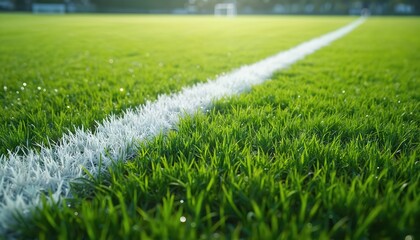 Green grass field with white sideline markers. Perfectly manicured lawn for sports matches. Stadium goal posts visible in distance, setting a competitive mood.