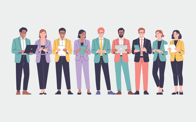 Obraz premium Diverse group of modern business professionals standing together holding various digital devices and documents