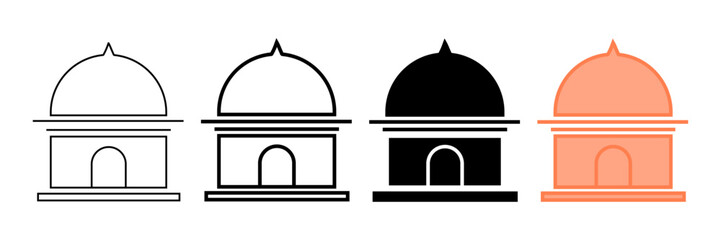 Set of minimalist mosque icons with transparent background, depicting Islamic worship places, cultural landmarks, and architectural symbols, vector illustration