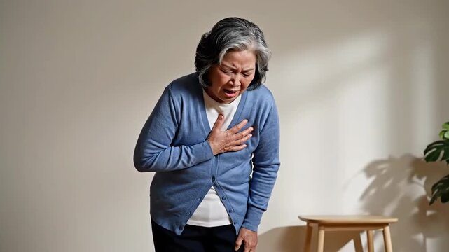 Serious Senior Woman Showing Signs Of Heart Attack Or Angina Pains Indoors