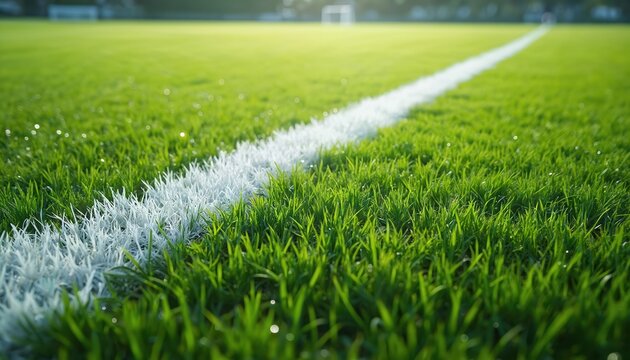 Green grass field with white sideline markers. Perfectly manicured lawn for sports matches. Stadium goal posts visible in distance, setting a competitive mood. - Powered by Adobe