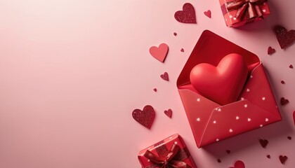 Red hearts spill from an open envelope with gift boxes and small hearts scattered on a soft pink backdrop. Symbolizes love, romance, and heartfelt messages.