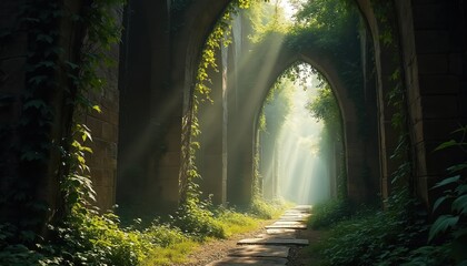 Obraz premium Sunlight streams through ancient stone arches overgrown with ivy creating a magical forest path. Nature reclaims old structure, inviting exploration into a mysterious, verdant world.