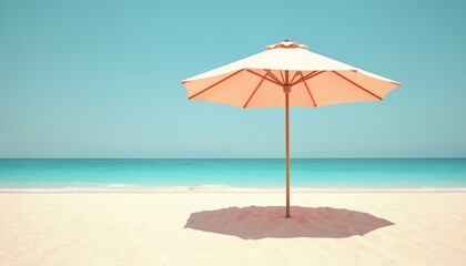 Fototapeta premium A single peach beach umbrella stands on a sandy shore with calm turquoise ocean waves under a clear blue sky. The parasol casts a soft shadow on the sand, offering shade.