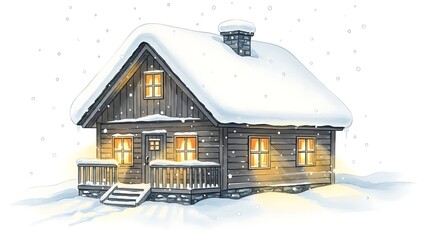 Cozy winter cabin illustration warm glowing windows heavy snow falling on rustic wooden home holiday retreat background design element