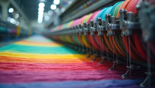 Large industrial machine processes vibrant colorful threads for textile production. Colorful yarns move along automated machinery in a factory. Yarn spools create rainbow stripes on fabric.