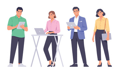 Obraz premium Four diverse business people standing individually with various digital devices and professional documents