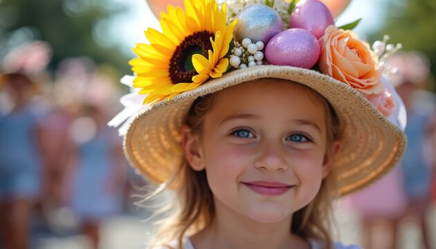 Girl smiles wearing decorated Easter bonnet with sunflower, roses, eggs. Festive hat with flowers, ribbons for spring parade. Cheerful child enjoys celebration event.